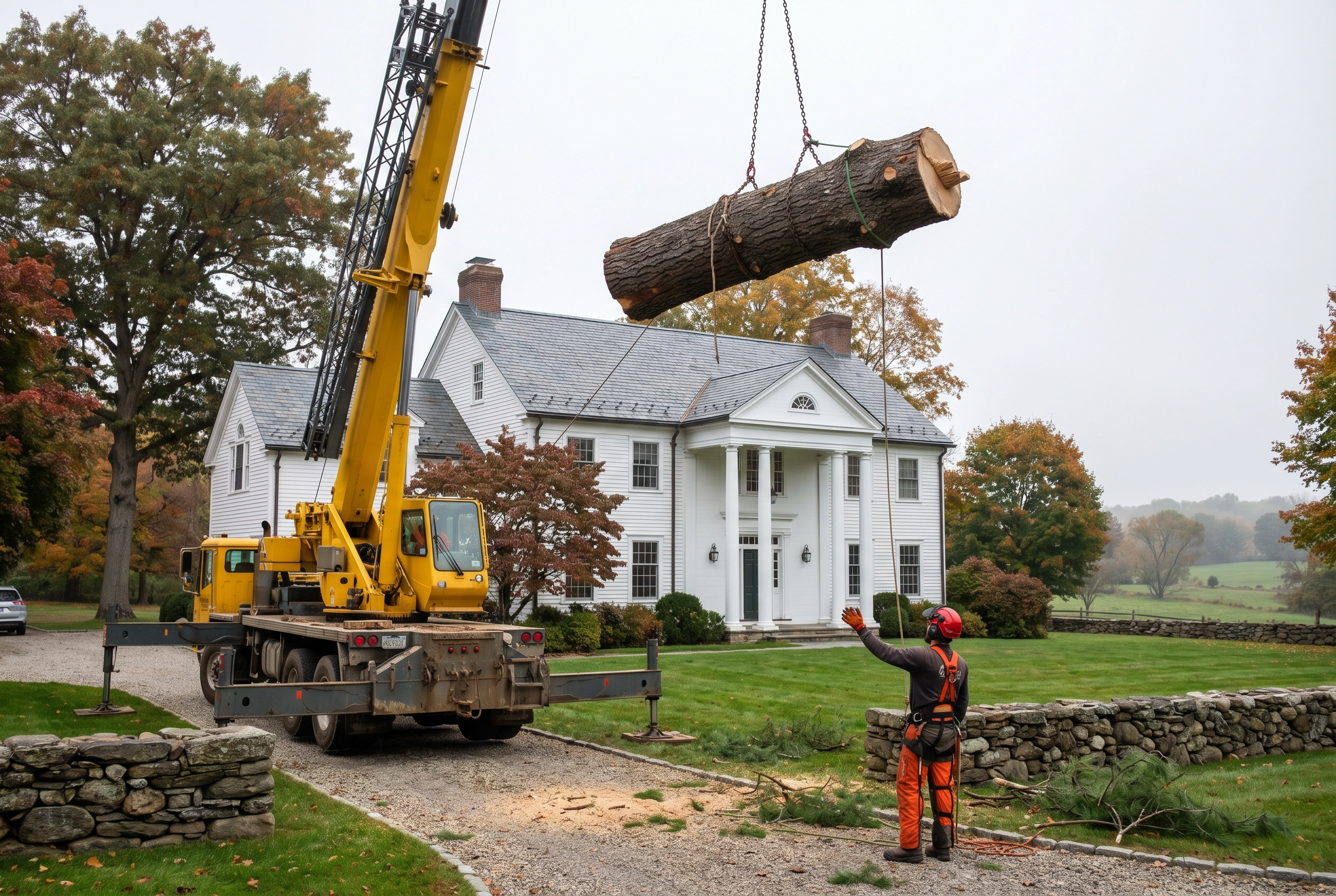 Professional tree removal service crew working on a Farmington CT property with crane and arborist equipment