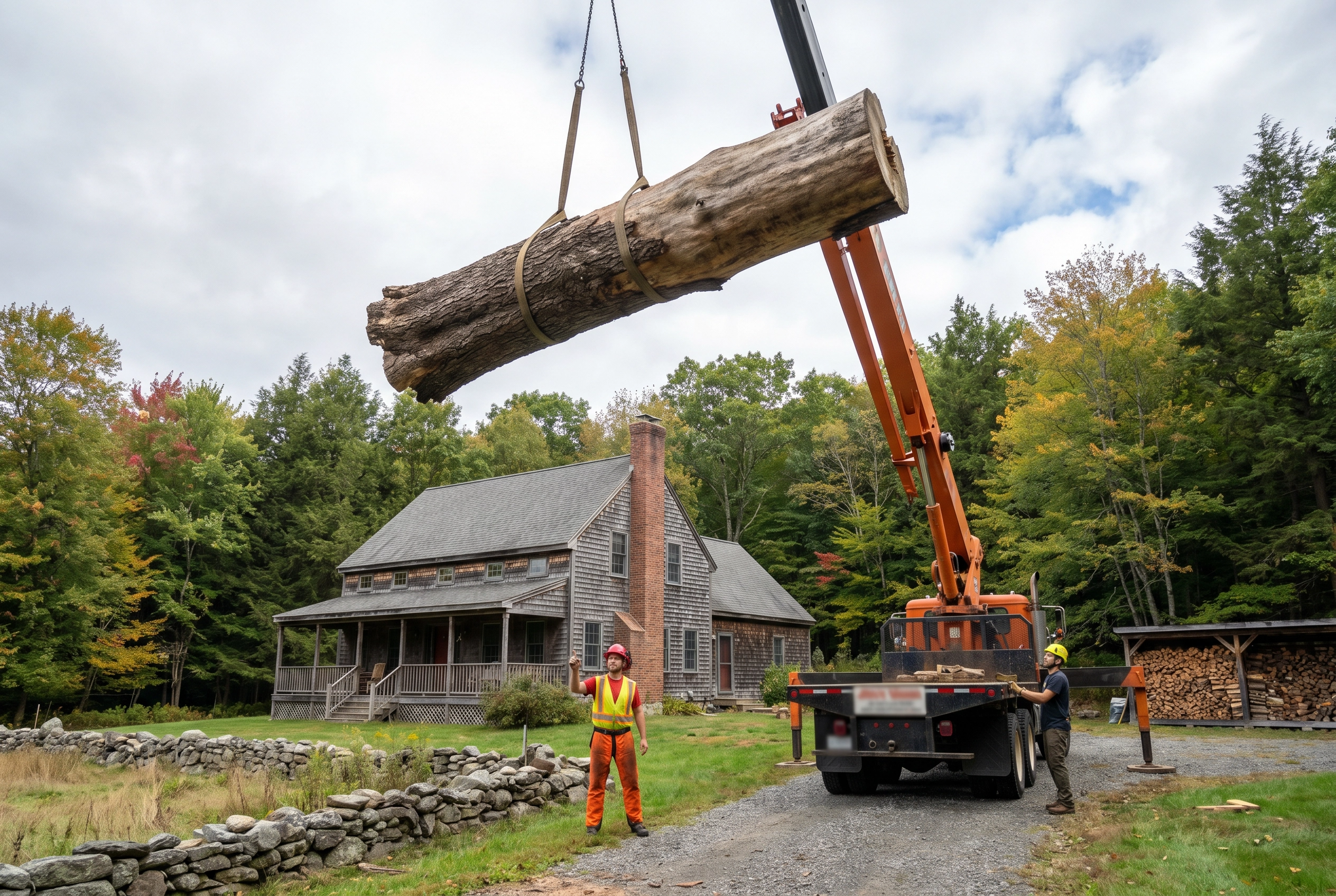 Professional tree removal service crew working on a Hartland CT forested property with crane and arborist equipment
