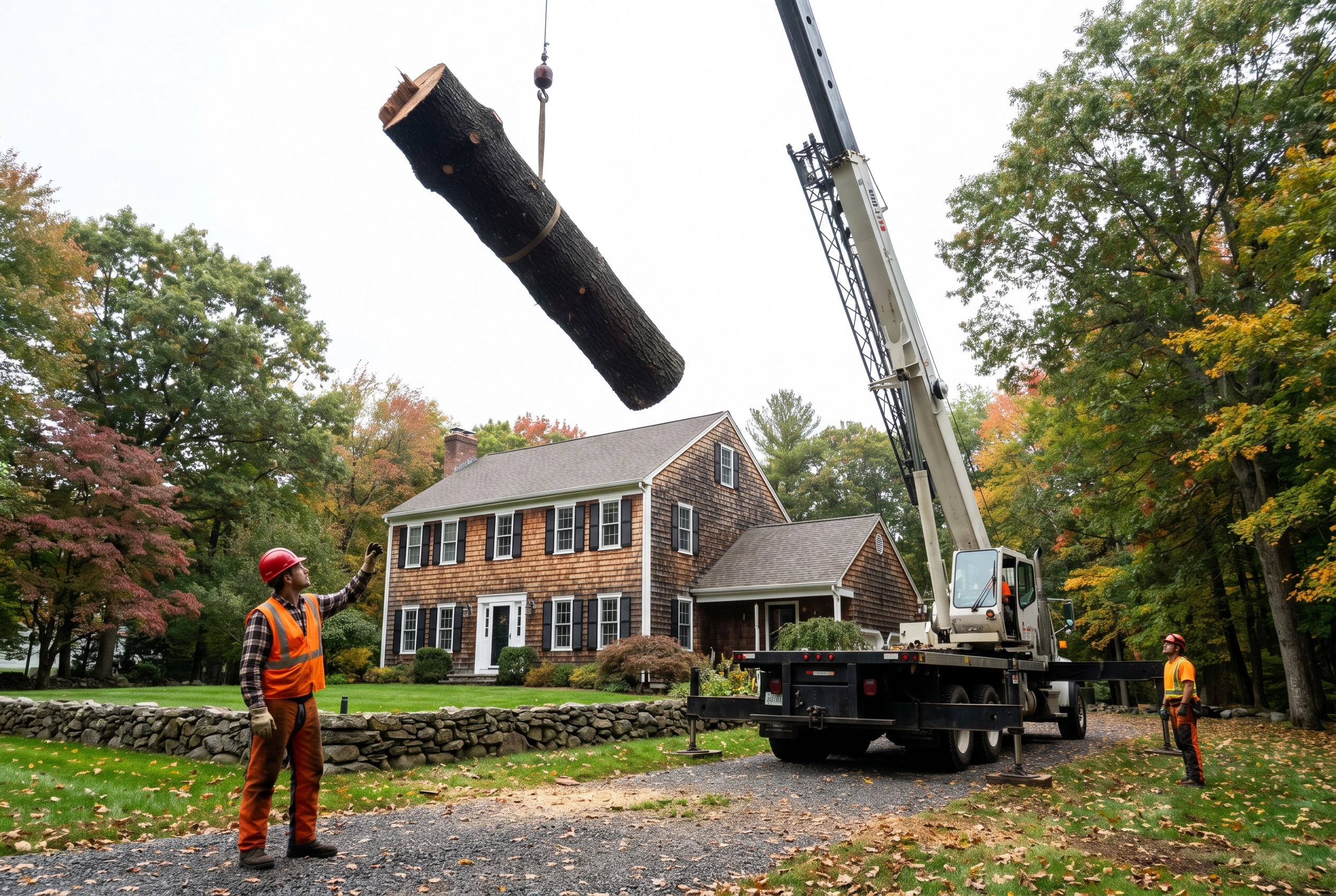 Professional tree removal service crew working on a Canton CT property with crane and arborist equipment