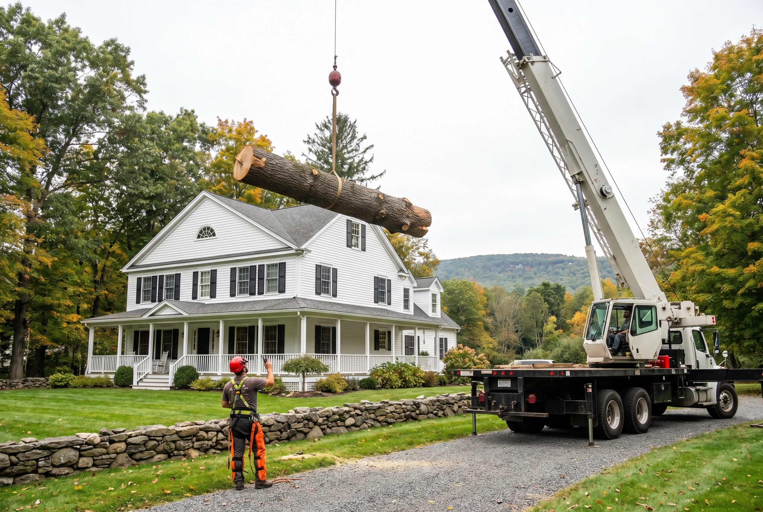 Professional tree removal service crew working on a Simsbury CT property with crane and arborist equipment