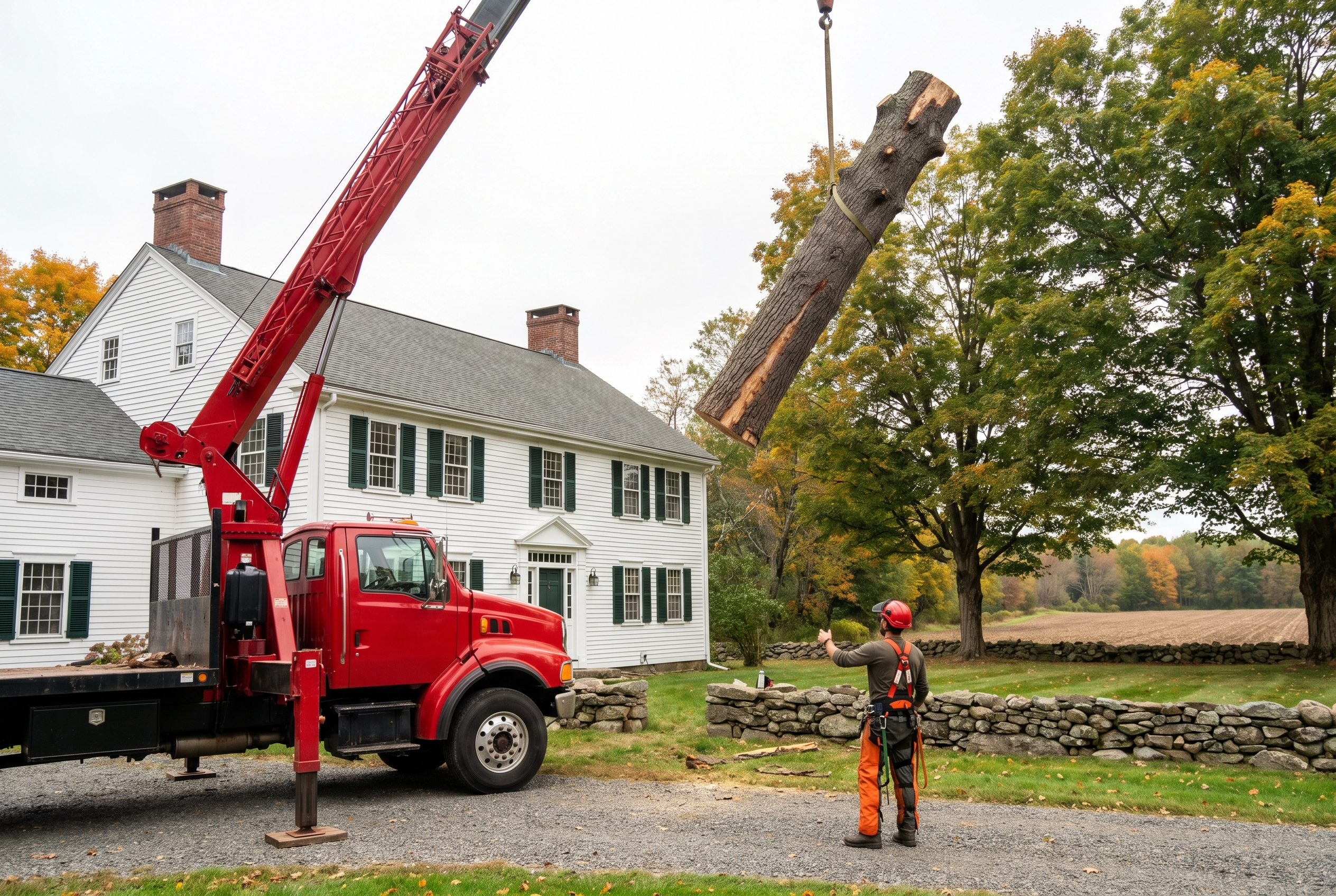 Professional tree removal service crew working on a Suffield CT property with crane and arborist equipment