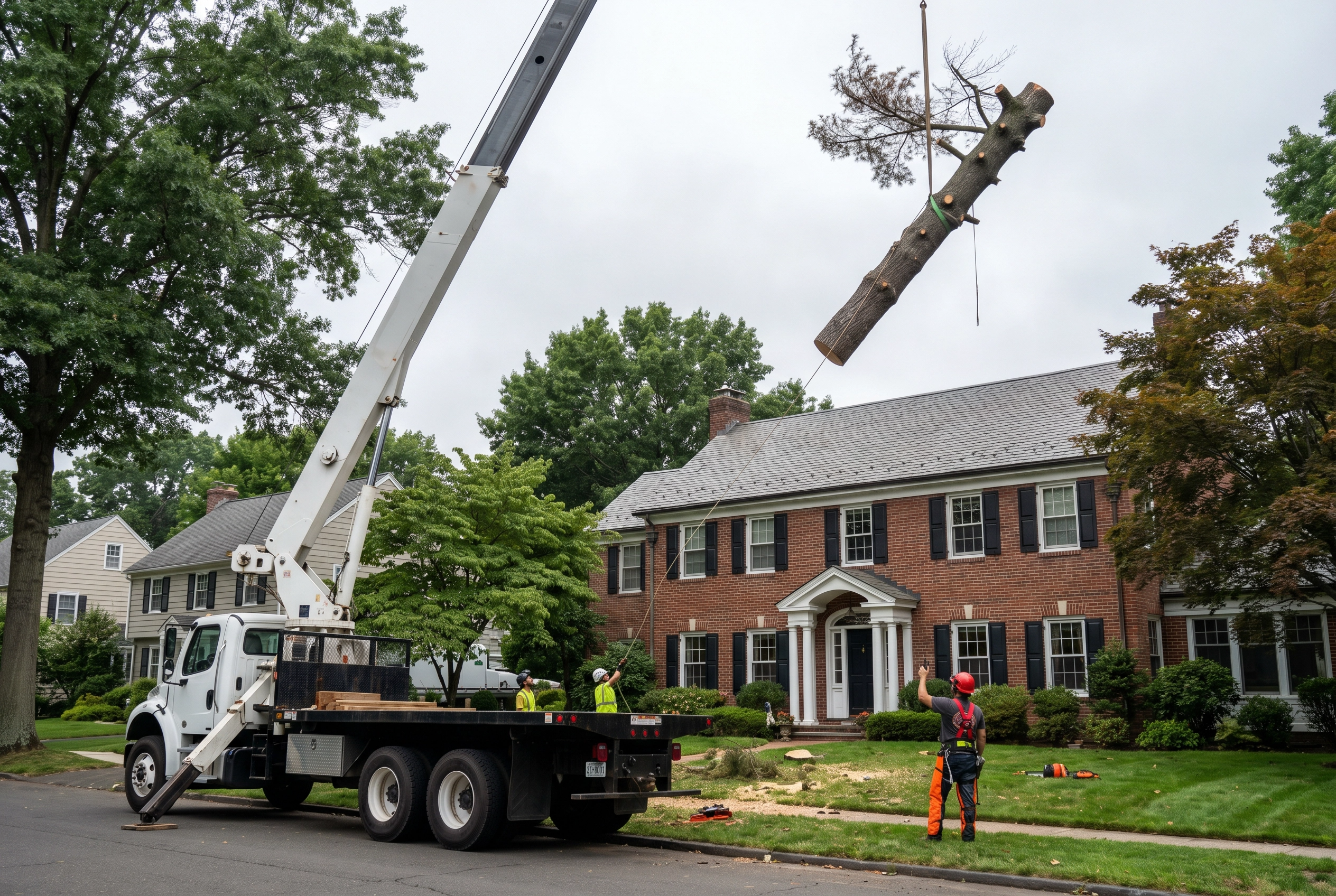 Professional tree removal service crew working on a West Hartford CT property with crane and arborist equipment