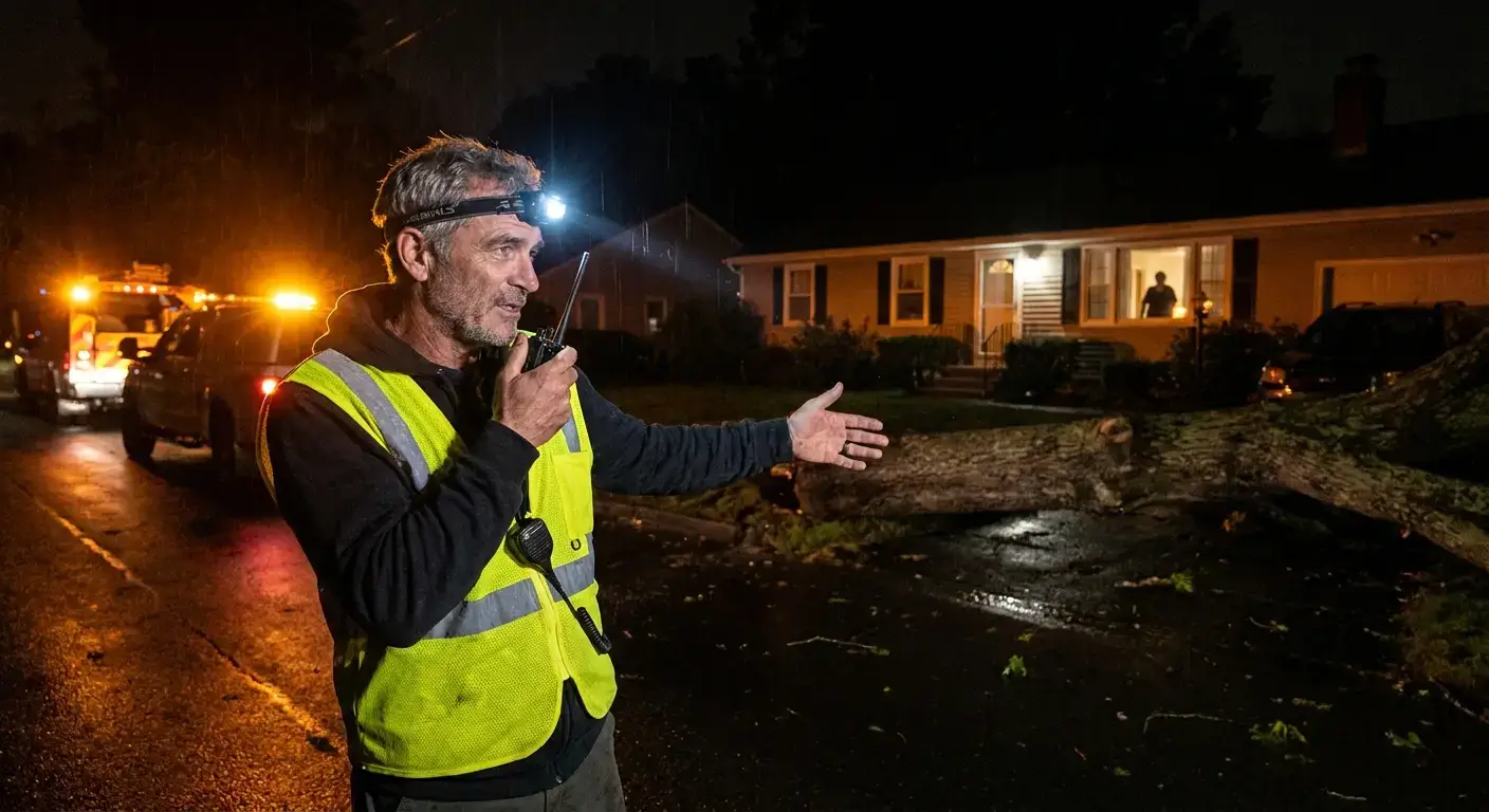 Emergency tree removal crew arriving at night with truck and equipment to assess a fallen tree blocking a residential drivewa