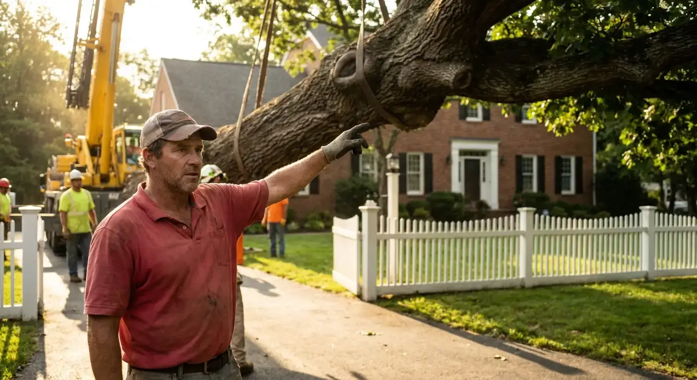 Crane lifting tree section away from driveway to prevent property damage during removal