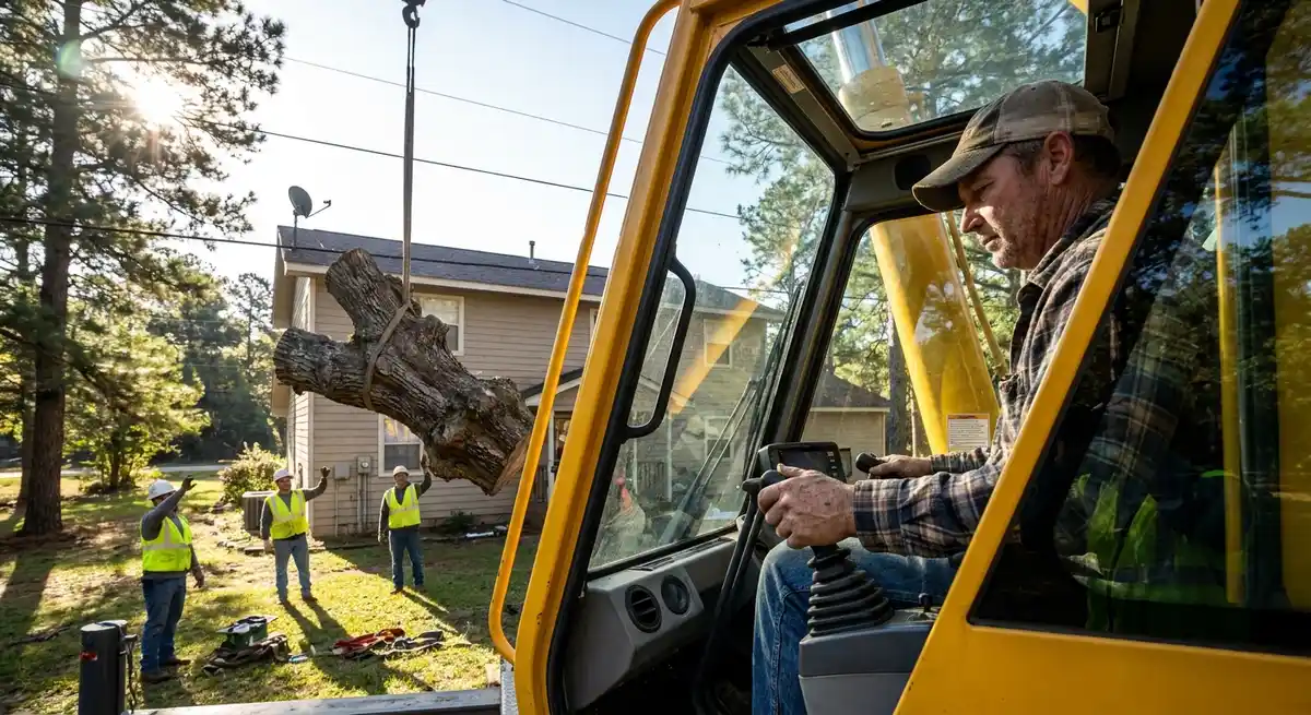Crane operator and ground crew coordinating the safe removal of a large tree near a residential building.
