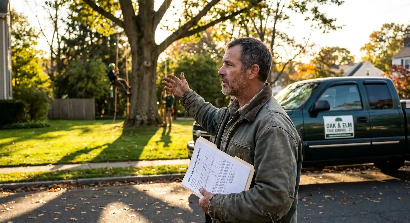 Professional arborist with insurance certification documents and liability coverage paperwork displayed next to estimate form