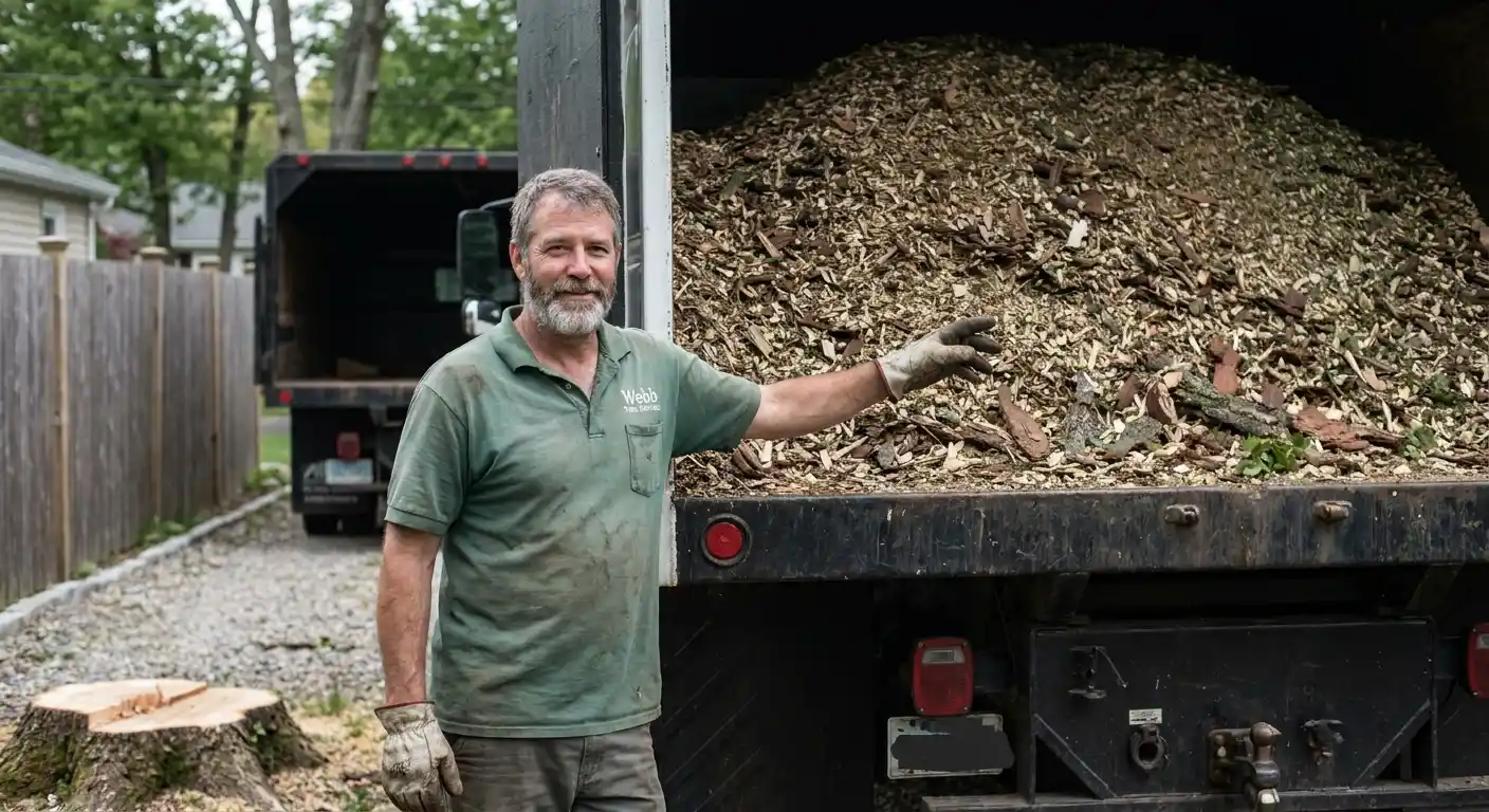 Large tree removal debris being loaded into a chipping truck for haul-off service.