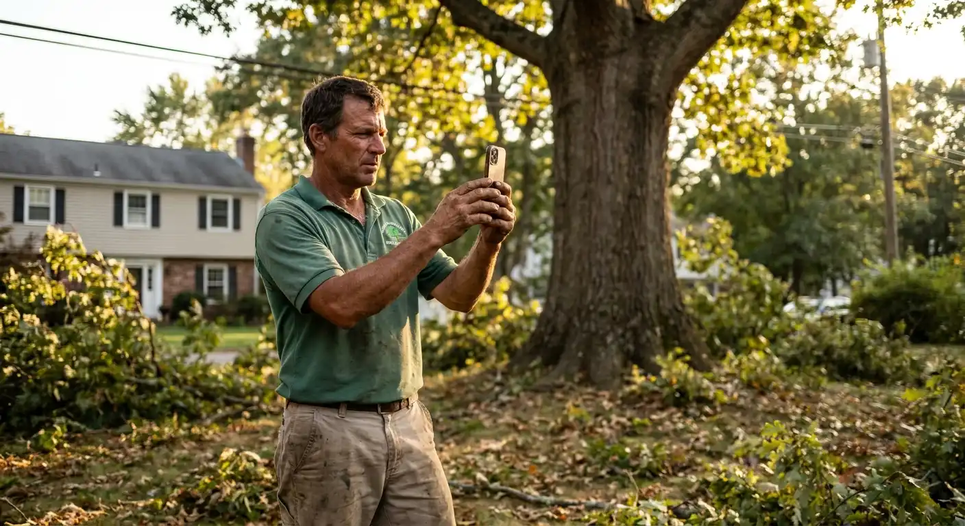Arborist photographing large oak tree trunk with measuring tape for removal estimate.