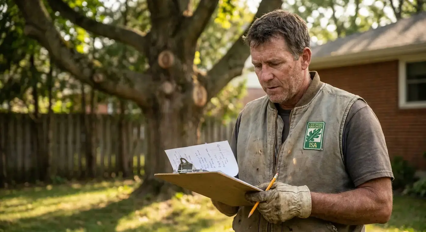 Arborist holding certification document while standing next to a healthy mature tree in residential neighborhood.