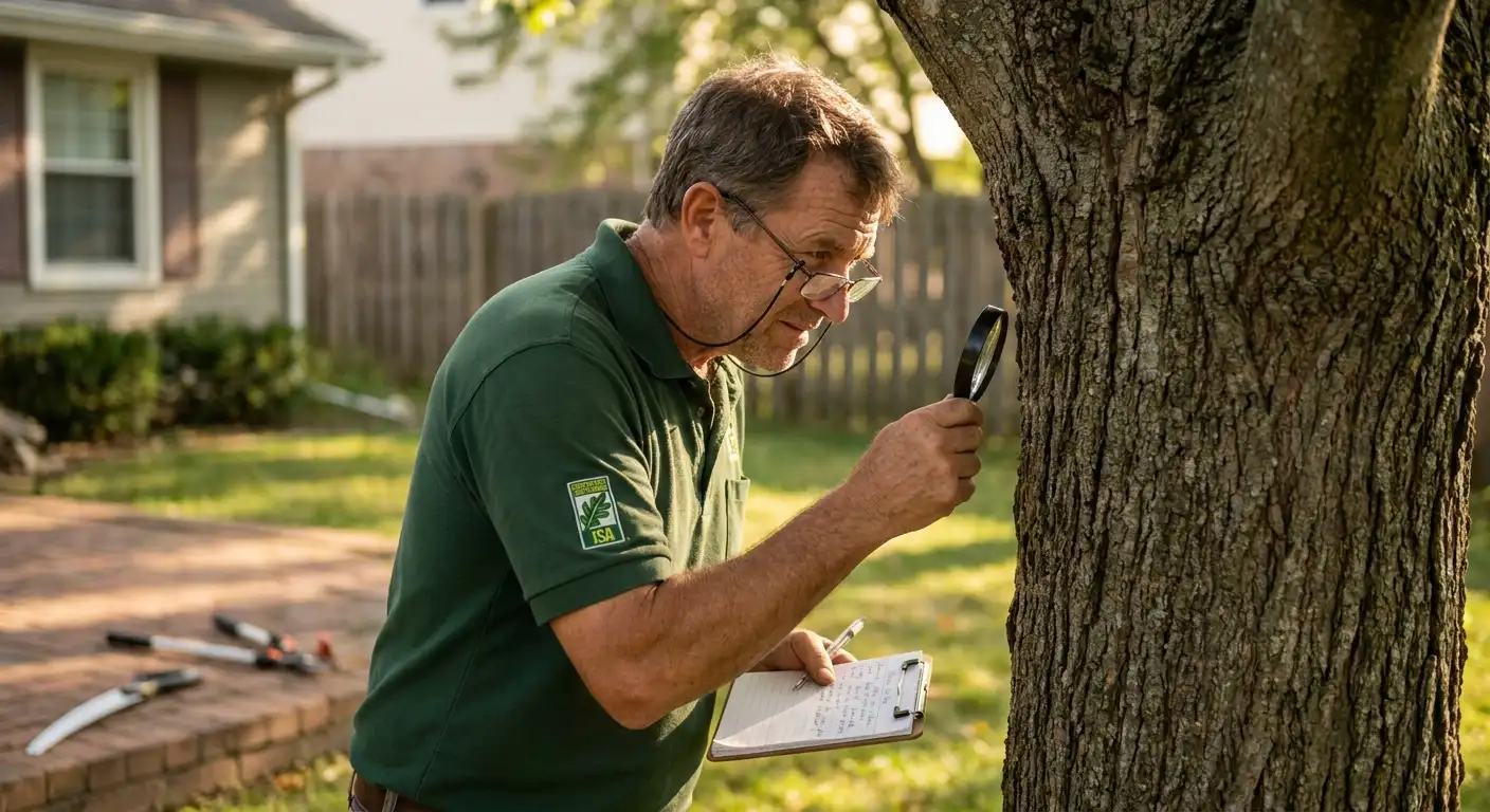 A certified arborist in work attire examines a tree trunk with professional tools while a regular worker stands nearby holdin