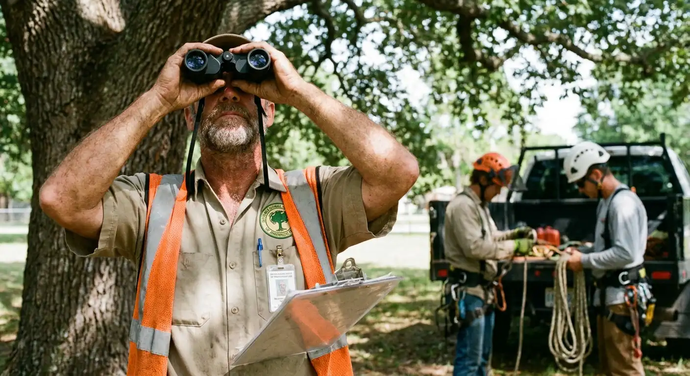 A certified arborist in safety gear inspects a large oak tree while crew members work in the background.