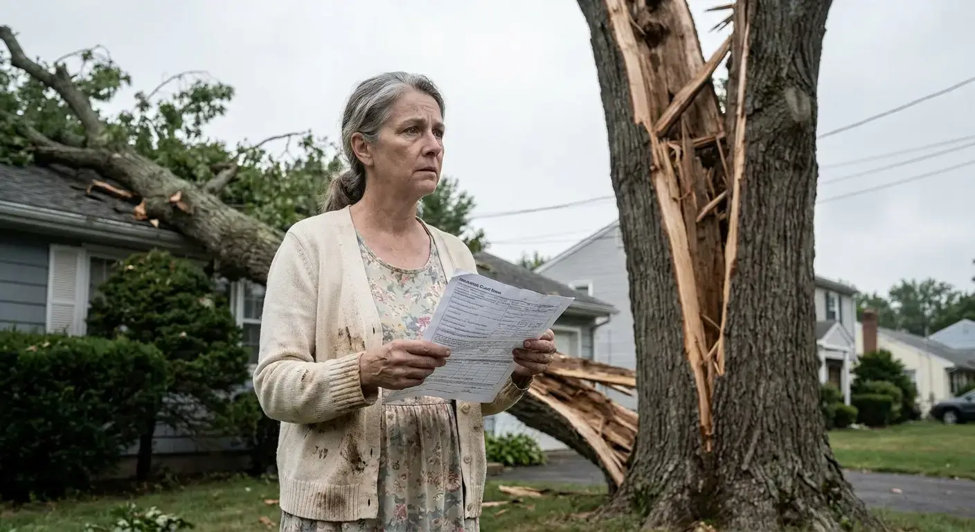 Insurance adjuster reviewing fallen tree damage in Hartford County residential yard after severe storm.