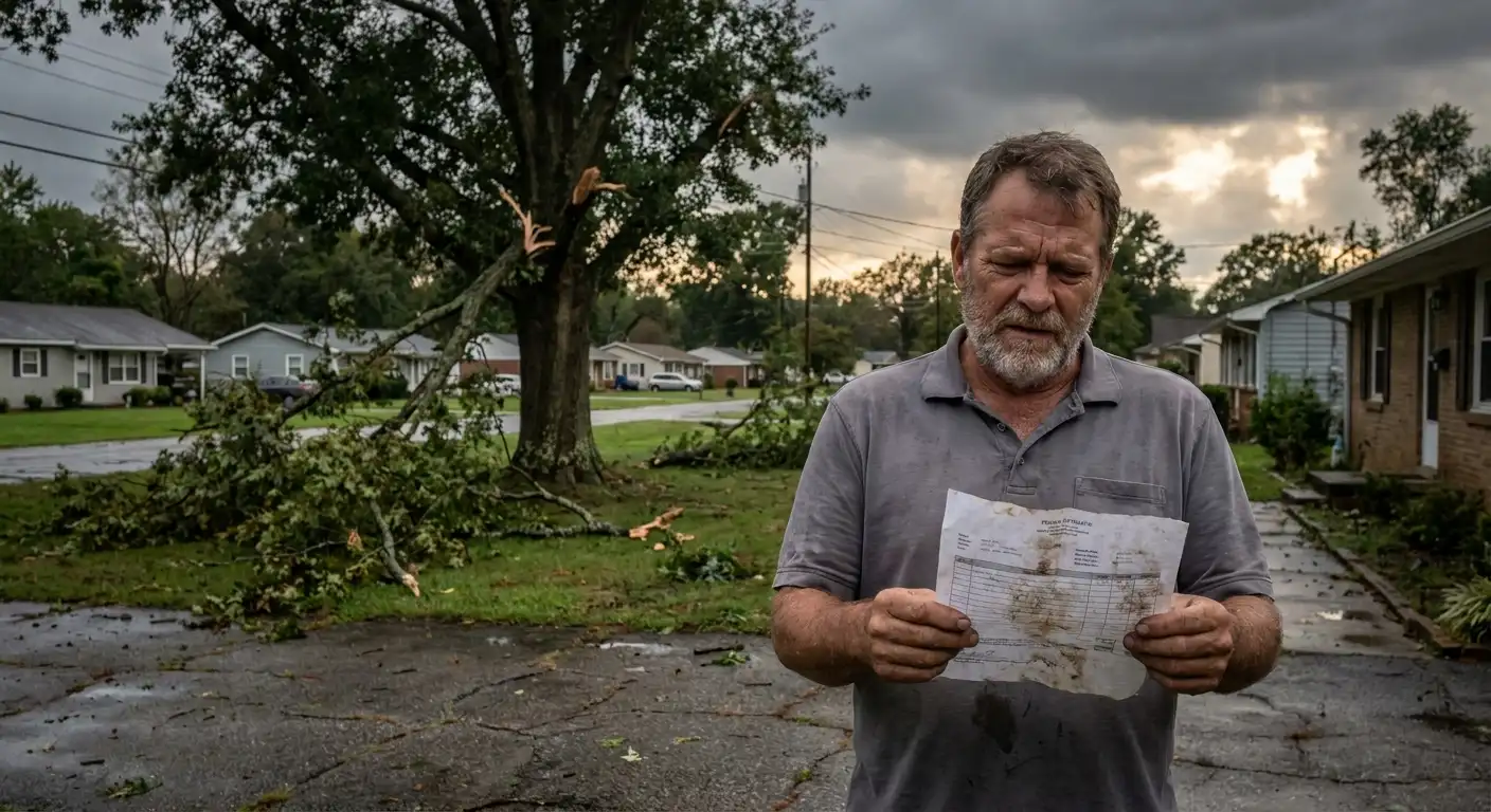 Homeowner reviewing written tree removal estimates on kitchen table with storm-damaged trees visible through window.