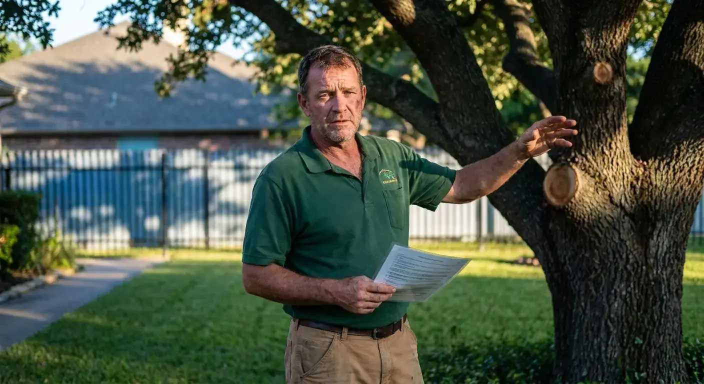 Certified arborist near me checking insurance documents before starting tree removal work