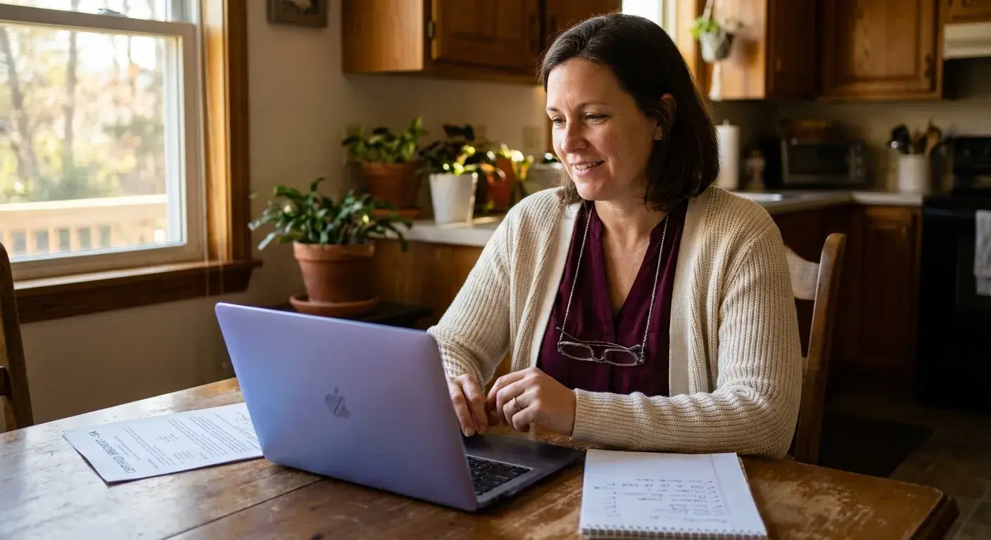 Person checking tree company credentials on laptop with certification documents and customer reviews visible on screen