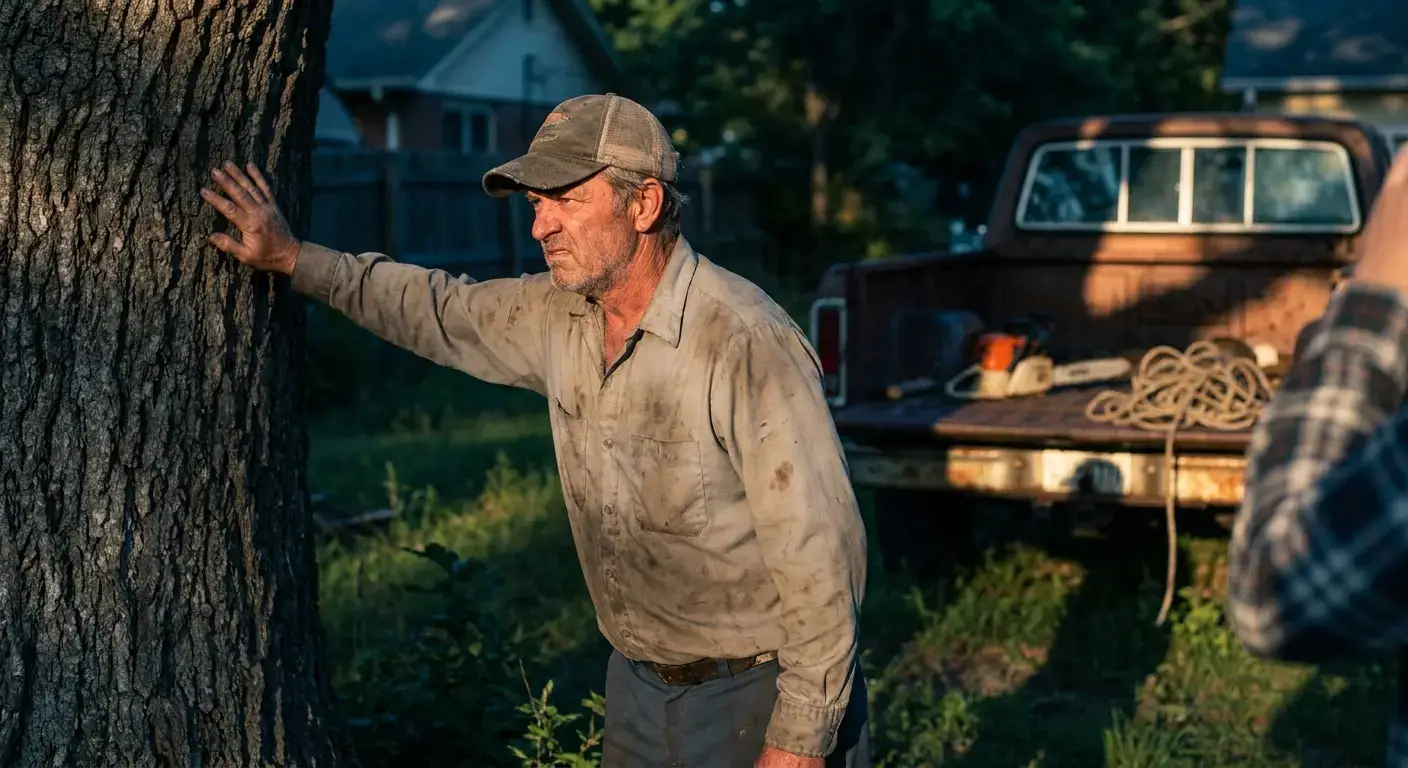 Arborist holding clipboard while examining tree damage, with unmarked pickup truck visible in background.