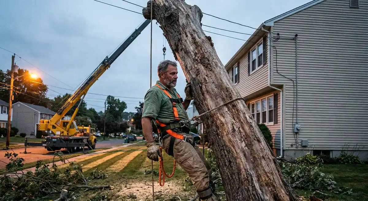 Professional arborist secured with safety ropes removing large tree limbs over residential Hartford property using climbing e