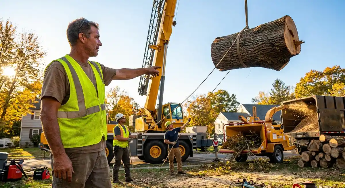 Crane lifting large tree section while ground crew directs piece toward wood chipper during controlled hazardous tree removal