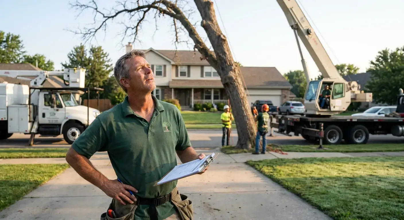 Professional tree service crew with clean equipment and crane arriving at Connecticut residential property for hazardous tree