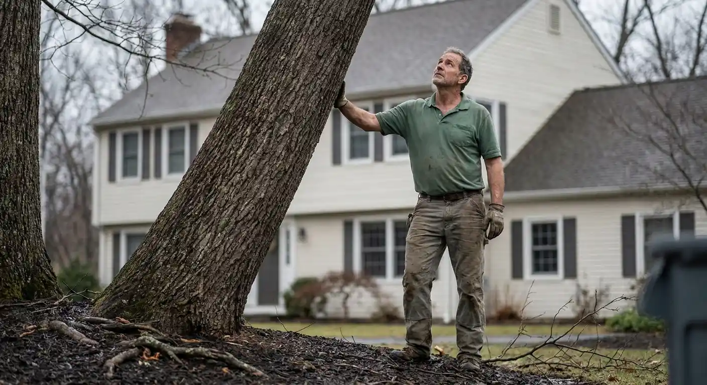 tree leaning toward house on a job site for local service businesses