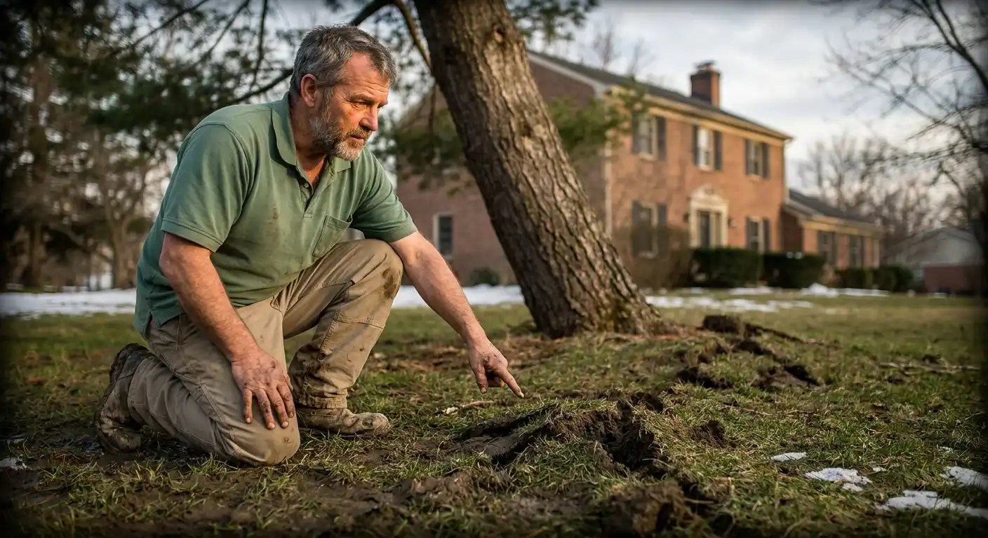 Large tree with visible soil heaving and cracked ground at its base, leaning toward a residential house in Connecticut.