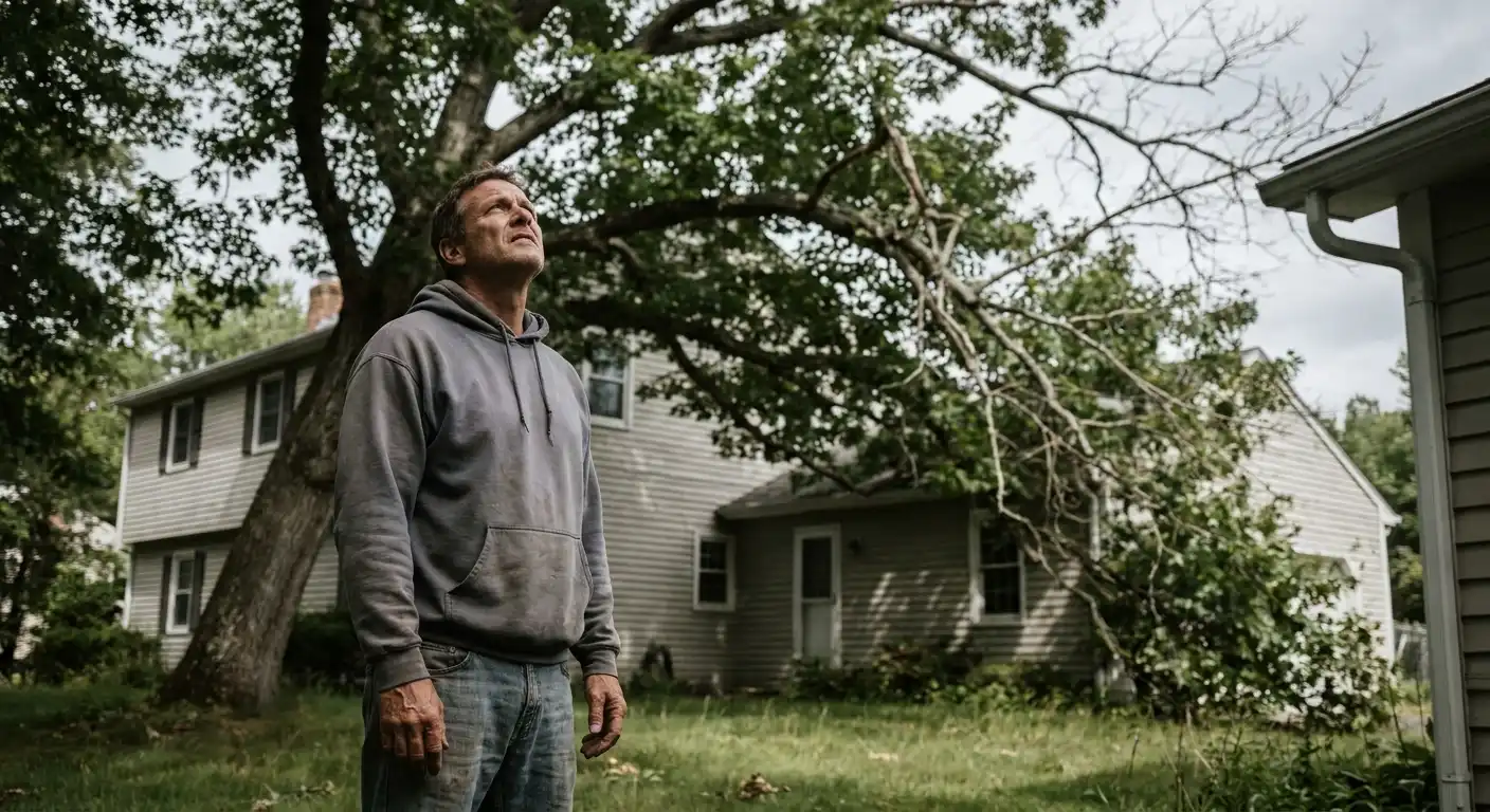 Close-up view of dead branches among green foliage in tree crown above a house.