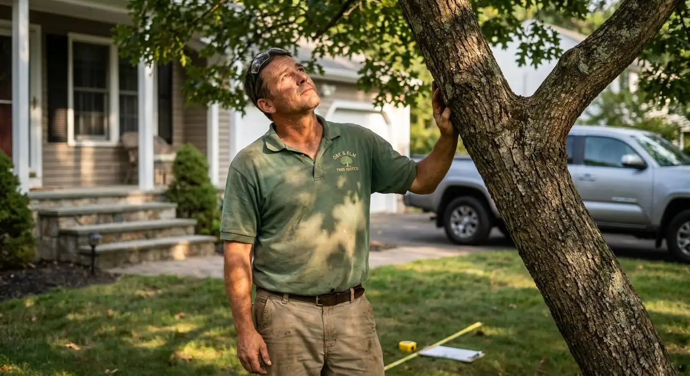 Certified arborist examining a leaning tree trunk near a residential house foundation.