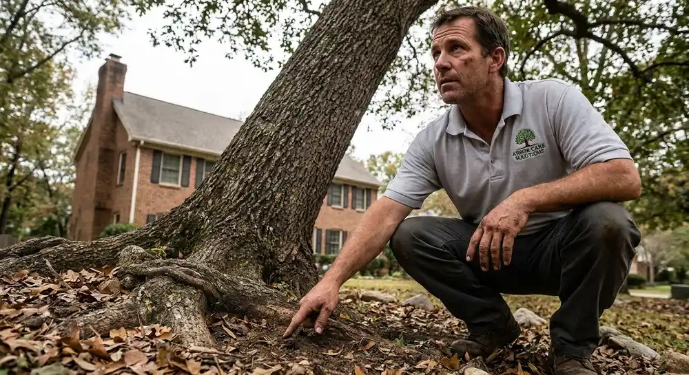 Arborist examining the base and root flare of a large tree leaning toward a residential house in Connecticut.