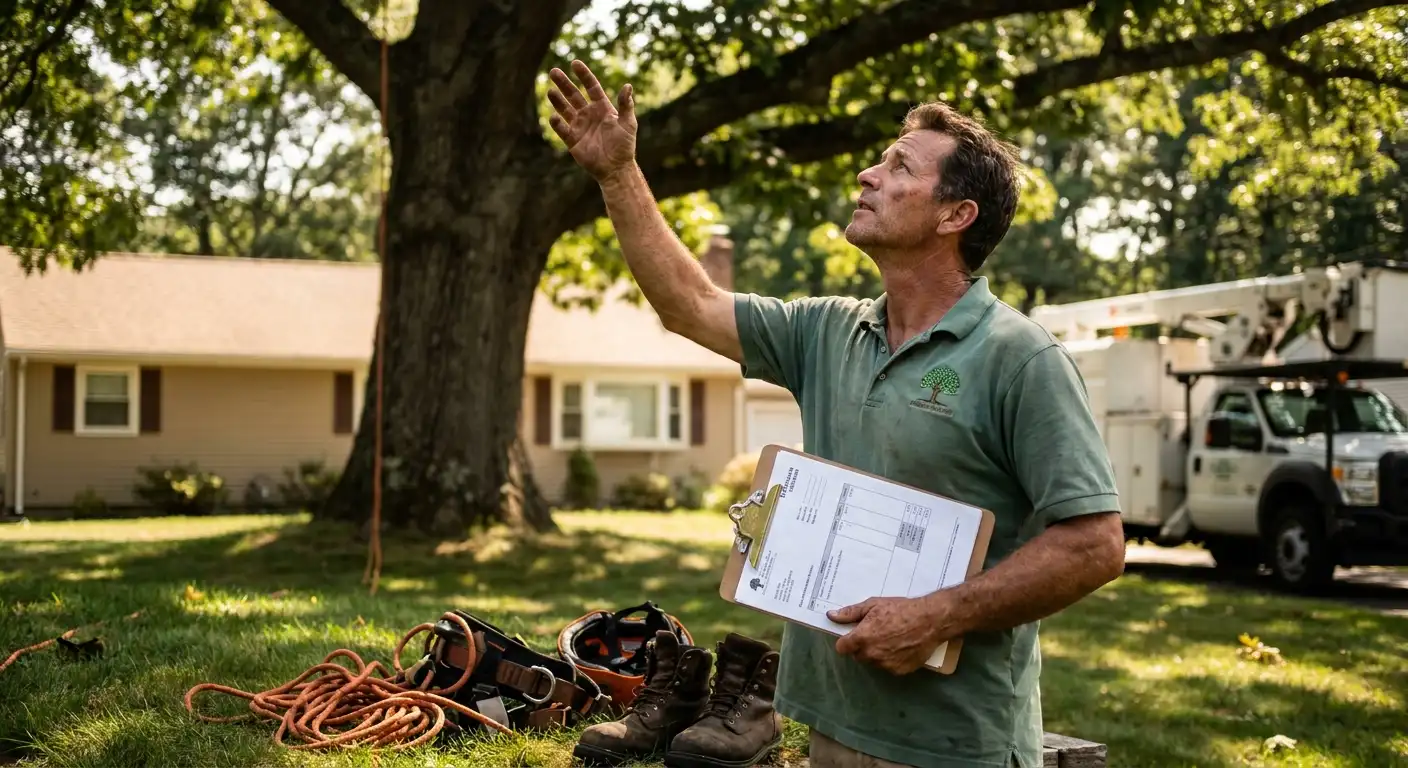 Connecticut arborist reviewing tree removal quotes with homeowner at kitchen table