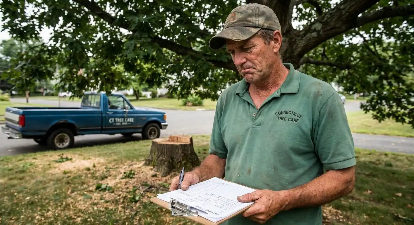 Contractor holding clipboard comparing multiple written tree removal quotes on wooden table.